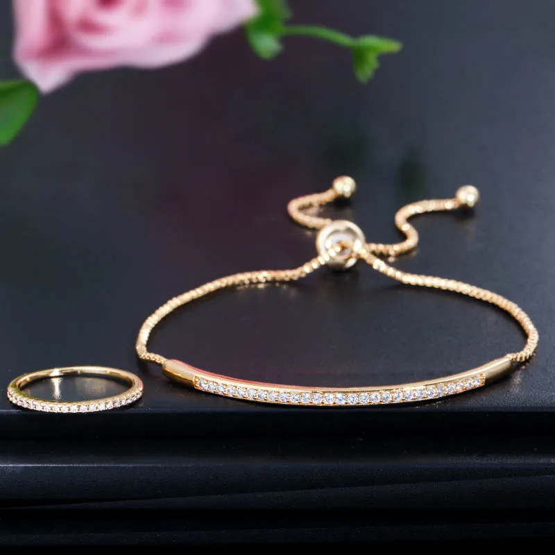 Yellow Gold Color Threegraces модный дизайн кубическая циркониевая подвеска розовое золото цвет Регулируемая цепь браслет кольцо набор украшений для женщин JS050 - Окраска металла: Yellow Gold Color
