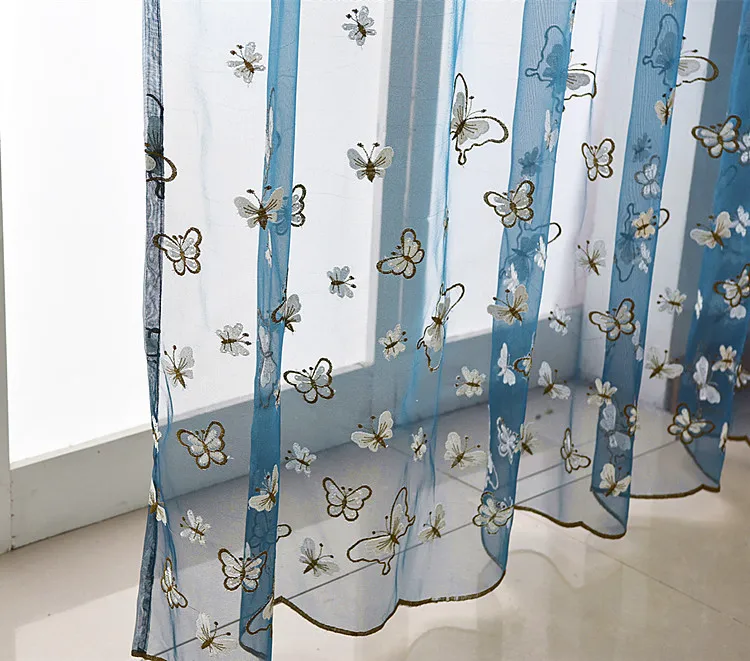 Вышитый бабочкой Тюль Синий Американский фермерский дом стиль гостиная спальня