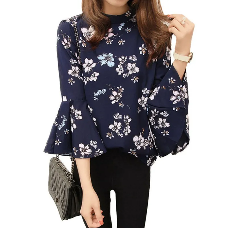 

Women Floral Chiffon Blouse Flare Sleeve Shirts Ladies Office Long Sleeve Designer
