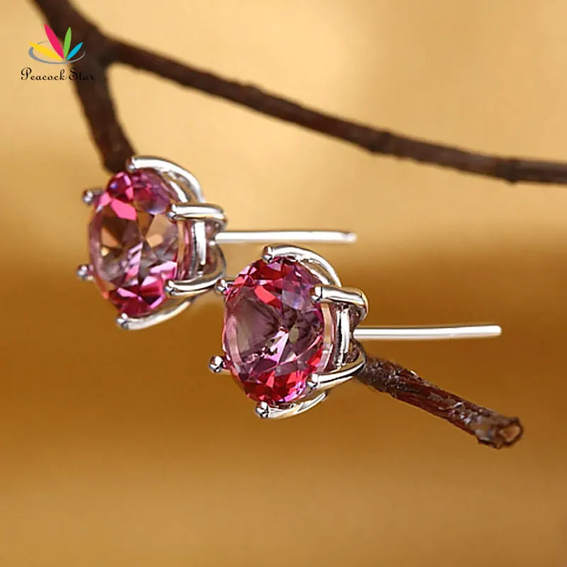 Павлин звезда 14K белое золото гвоздики 2 5 Ct натуральный розовый топаз серьги 6