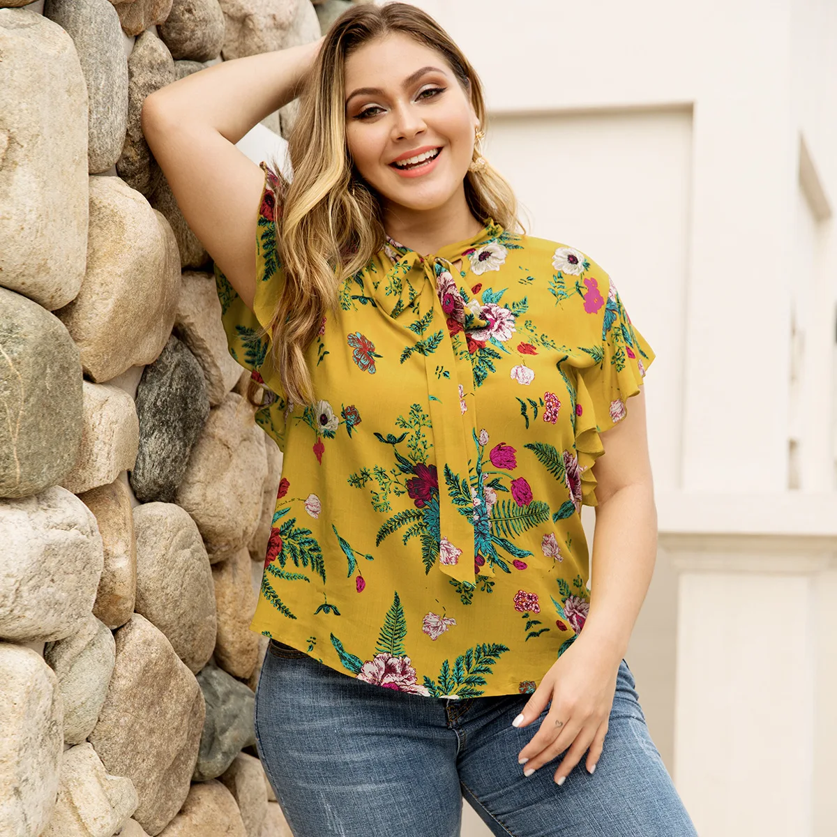 Женская футболка с бантом WHZHM летняя коротким рукавом и цветочным принтом