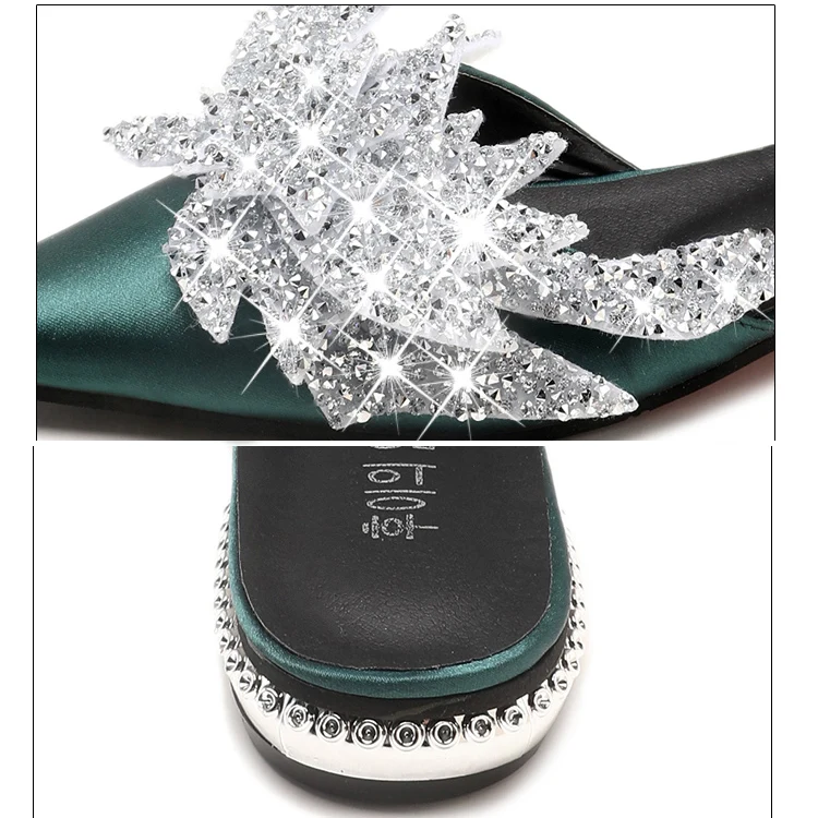 Мюли женские на плоской подошве блестящие туфли без застежек с кристаллами