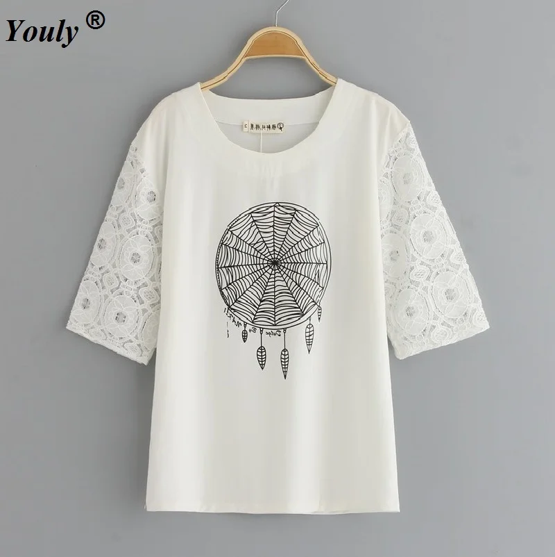 Casual Loose T-shirt Women 2021 Dream Catcher Print Half Sleeve Boho Style Lace Big T-Shirt Cotton O-Neck Tops