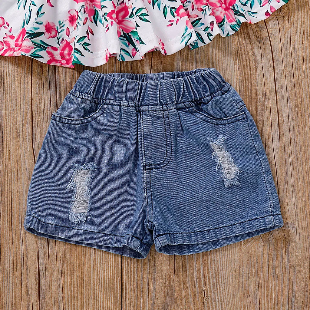 Детская одежда для маленьких девочек топы с короткими рукавами и цветочным