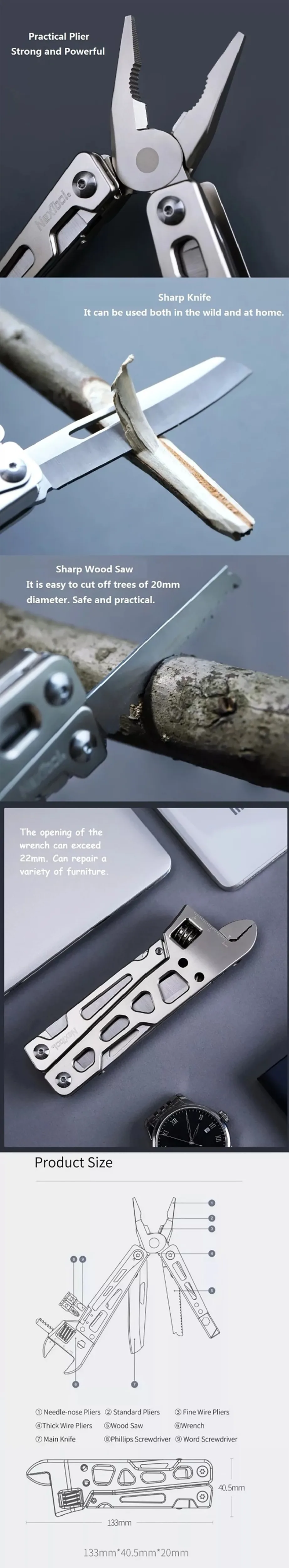 Xiaomi Mijia NEXTOOL 9 в 1 многофункциональный инструмент для ремонта велосипеда из нержавеющей стали инструмент для выживания на открытом воздухе складной нож
