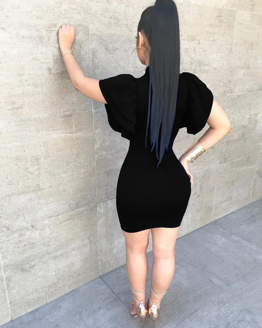 Almajores для женщин Bodycon платье Сексуальная выдалбливают оборками рукавом Мини
