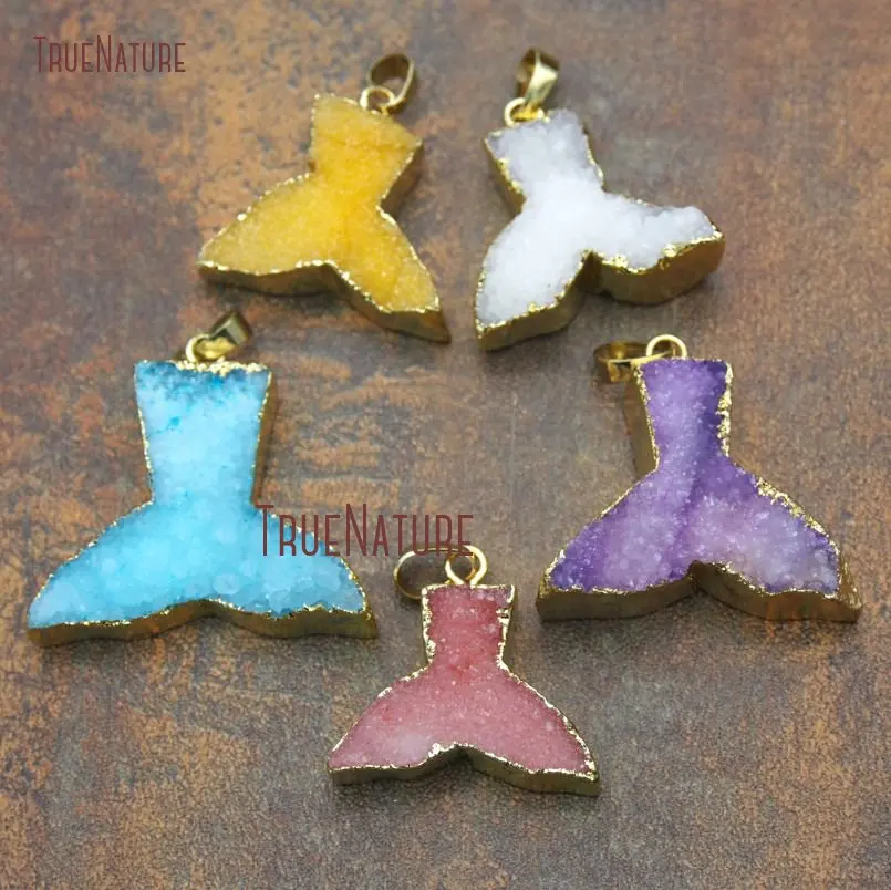 

New Lovely Gold Electroplated Whale's Tail Pendant Colorful Druzy Crystal Pendant With Single Bail Approx 35*30 mm PM11198