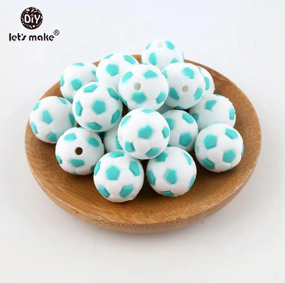 turquoise football Let's make Детские игрушки без бисероплетения, футбольные силиконовые бусины, 15 мм, модные DIY ювелирные аксессуары, прорезыватели для зубов, ожерелье для кормления, 5 шт., Прорезыватель для зубов - Цвет: turquoise football