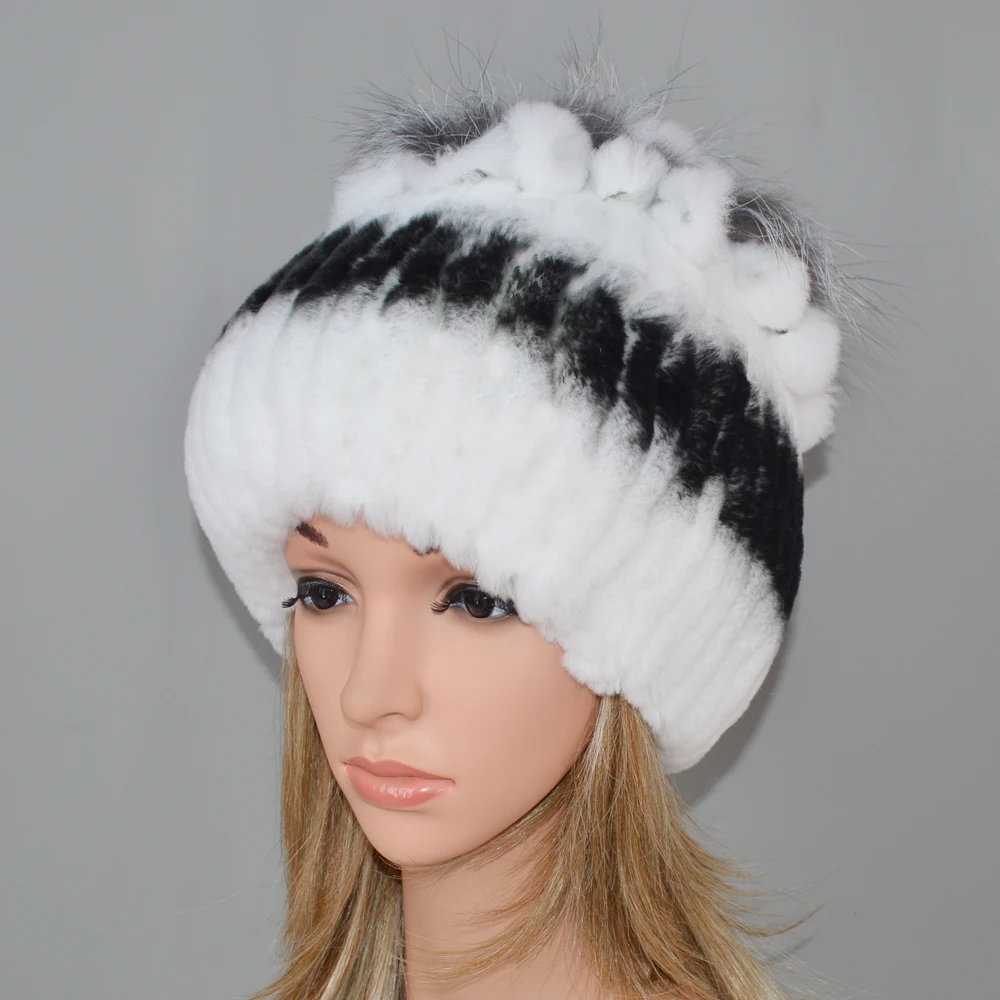 Women Natural Real Rex Rabbit Fur Beanies Hats Winter Warm Knit Genuine Caps New Female With Fox Skullies Cap | Аксессуары для