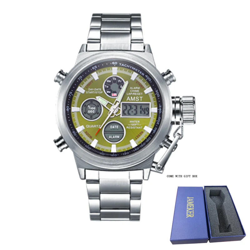silver green AMST Роскошные Лидирующий бренд мужские часы из нержавеющей стали Мужские кварцевые цифровые аналоговые светодиодный часы мужские спортивные наручные часы Relogio Masculino - Цвет: silver green