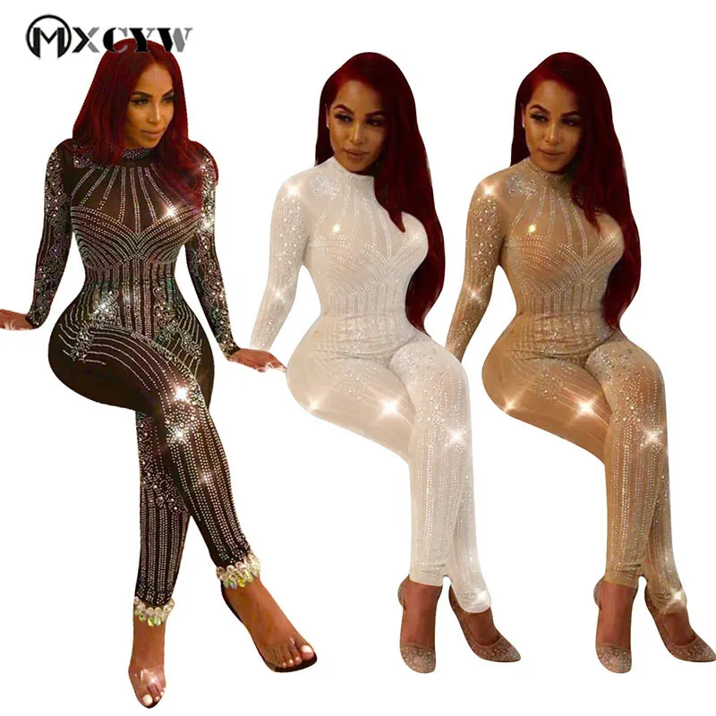 silm Sexy Jumpsuit Fashion Sequins Bodysuit Mesh Trousers Long Sleeves Round Neck Nightclub Perspective Hollow Women Clothing | Женская