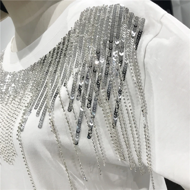 В Корейском стиле Футболка с пайетками для женщин 2021 летние топы кисточками и