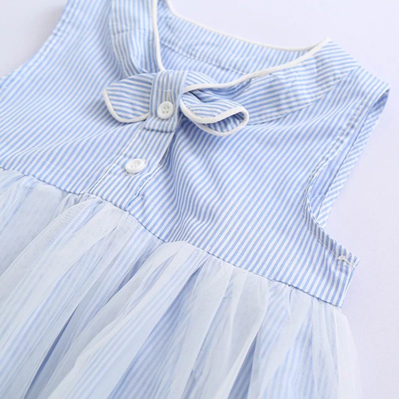 Hurave bow striped botton mesh summer Baby Girls Dress Clothes Children Sleeveless Kids Crew Neck causal Dresses | Детская одежда и
