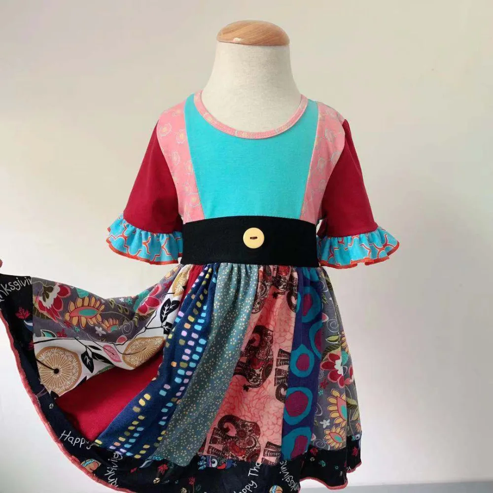 

100% cotton Toddler Summer and Autumn multicolor with print ruffles Baby Girls dress Hot Sale New style Dress for present