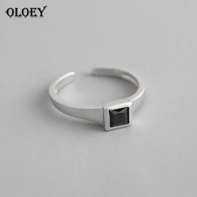 OLOEY чистое 925 пробы Серебряное матовое квадратное черное циркониевое Открытое кольцо для женщин корейские Изящные Вечерние ювелирные изделия подарок YMR787