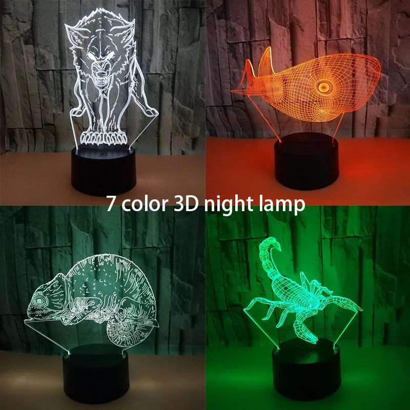 Симпатичные настольные лампы КИТ ночник детские животные Хамелеон Luminaria 3D лампа