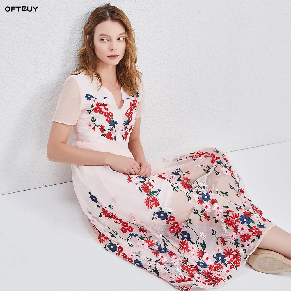 OFTBUY 2018 boho Летнее платье женские платья цветочной вышивкой сетки кружева