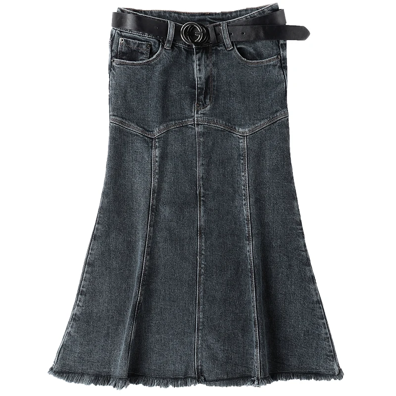 Осенне-зимняя женская юбка серая эластичная хлопчатобумажная из денима с черным