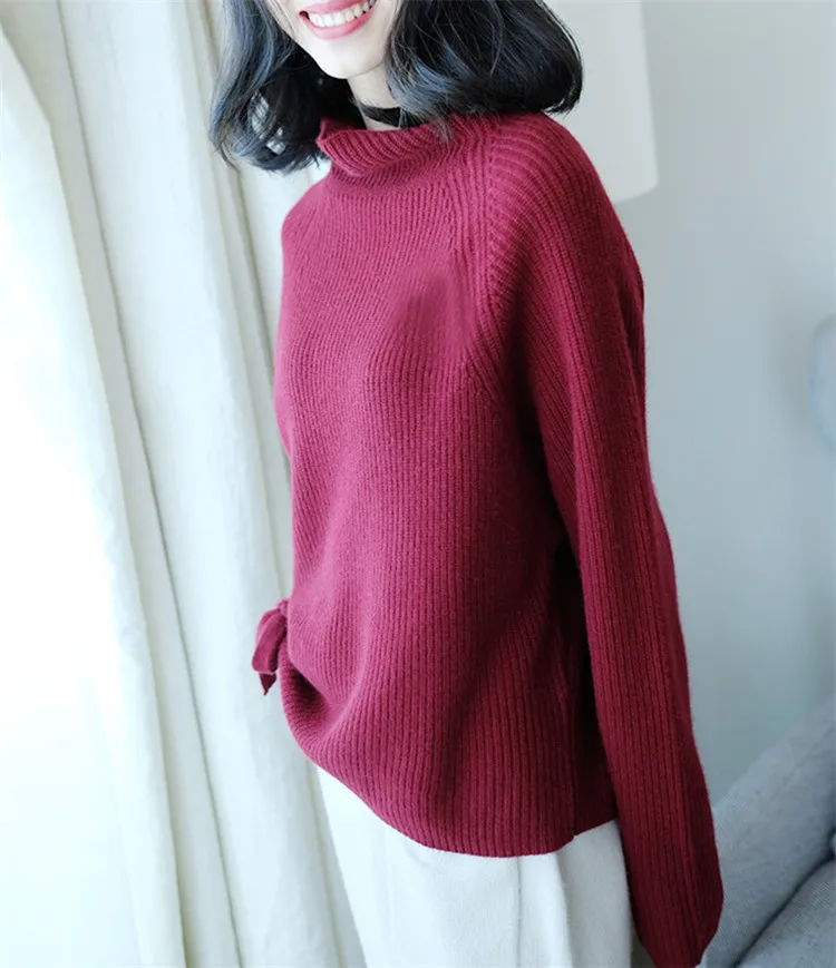 Чистый кашемир водолазка вязаный женский модный на шнуровке Открытый подол