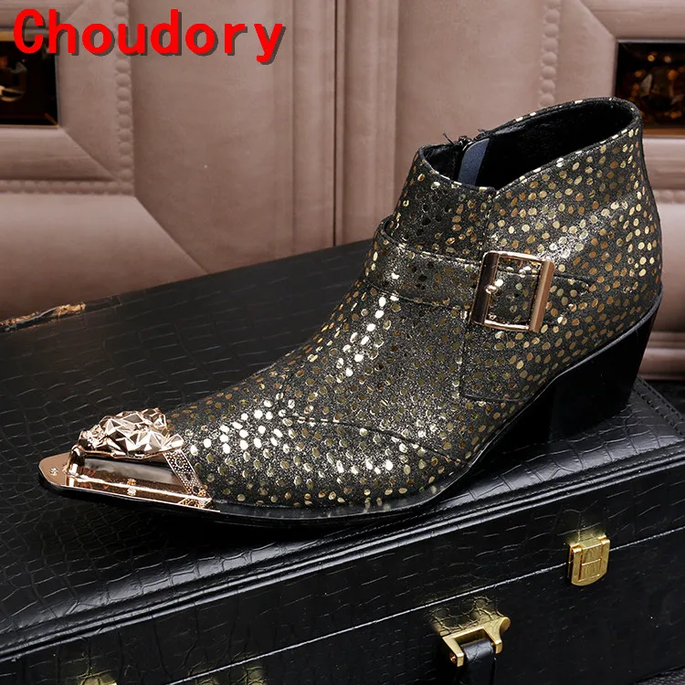 Choudory bota masculina сталь золотой носок платье военные ботинки средний каблук Шипованная зимняя обувь мужские кожаные ковбойские сапоги мужские