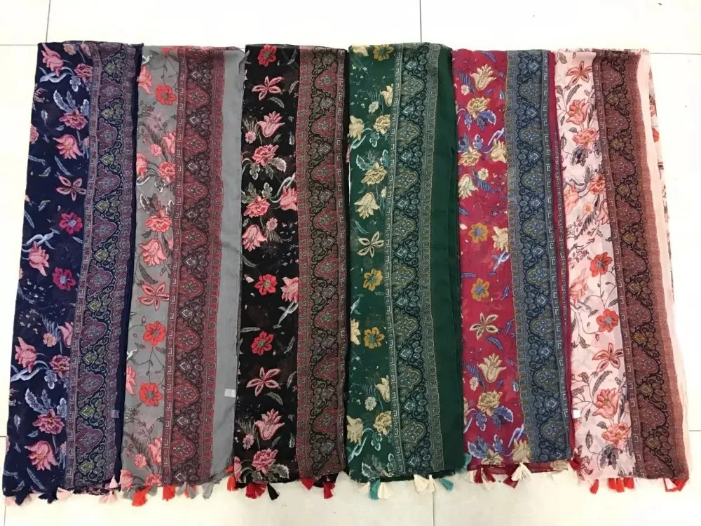

2017 Newest Beautiful Flower Print Tassel Scarf Women Long Flower Print Shawl Scarf Hijab Wrap 6 Color Free Shipping