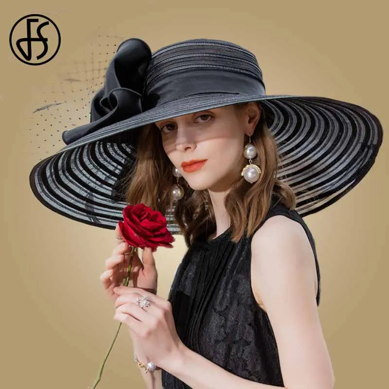 Black Fedora FS, Свадебные шляпы с большими полями для женщин, Элегантная черная шляпа в стиле Дерби Кентукки с широким большим бантом, женские шляпы под платье в церковном стиле - Цвет: Black Fedora