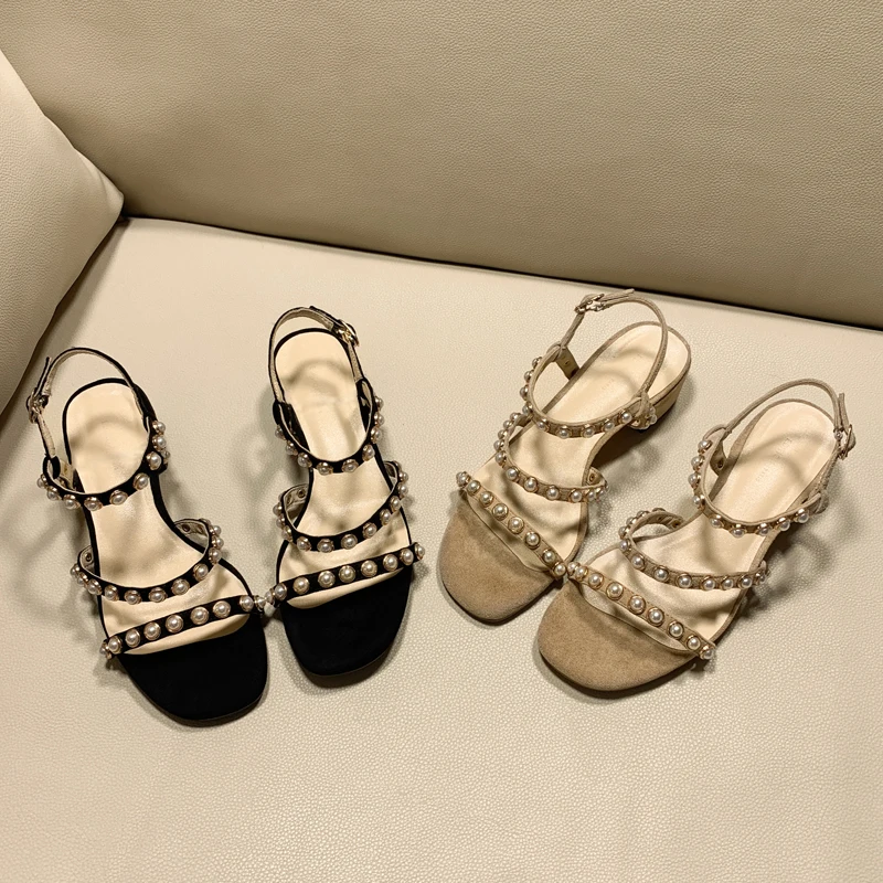 Летние модные женские сандалии гладиаторы на квадратном каблуке с жемчугом и