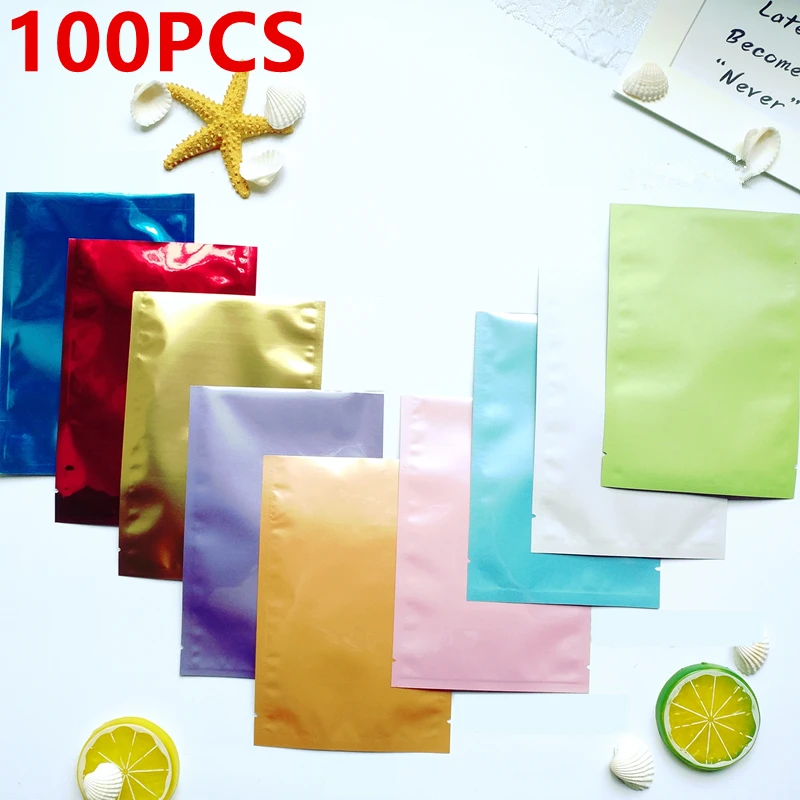 100 шт./лот, с открытым верхом, 8 цветов, алюминиевая фольга, тепловое уплотнение, пищевой вакуумный пакет для хранения, для фасоли, плоская упаковка, майларовые пакеты