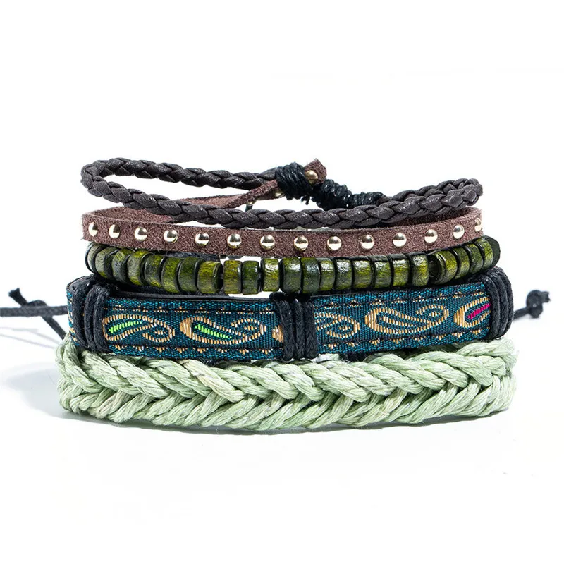 B020448B BOHO Тибет Металлический Камень Бисер Многослойный Кожаный Браслет Браслеты Звено Цепи Браслеты для Мужчин Старинные Панк Wrap Браслет - Окраска металла: B020448B