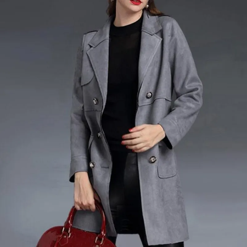 

Top Quality Brand Womens Slim Fit Suede Leather Long Jacket Female Double Breasted Trench Coat Lepal Windbreaker Overcoat Size