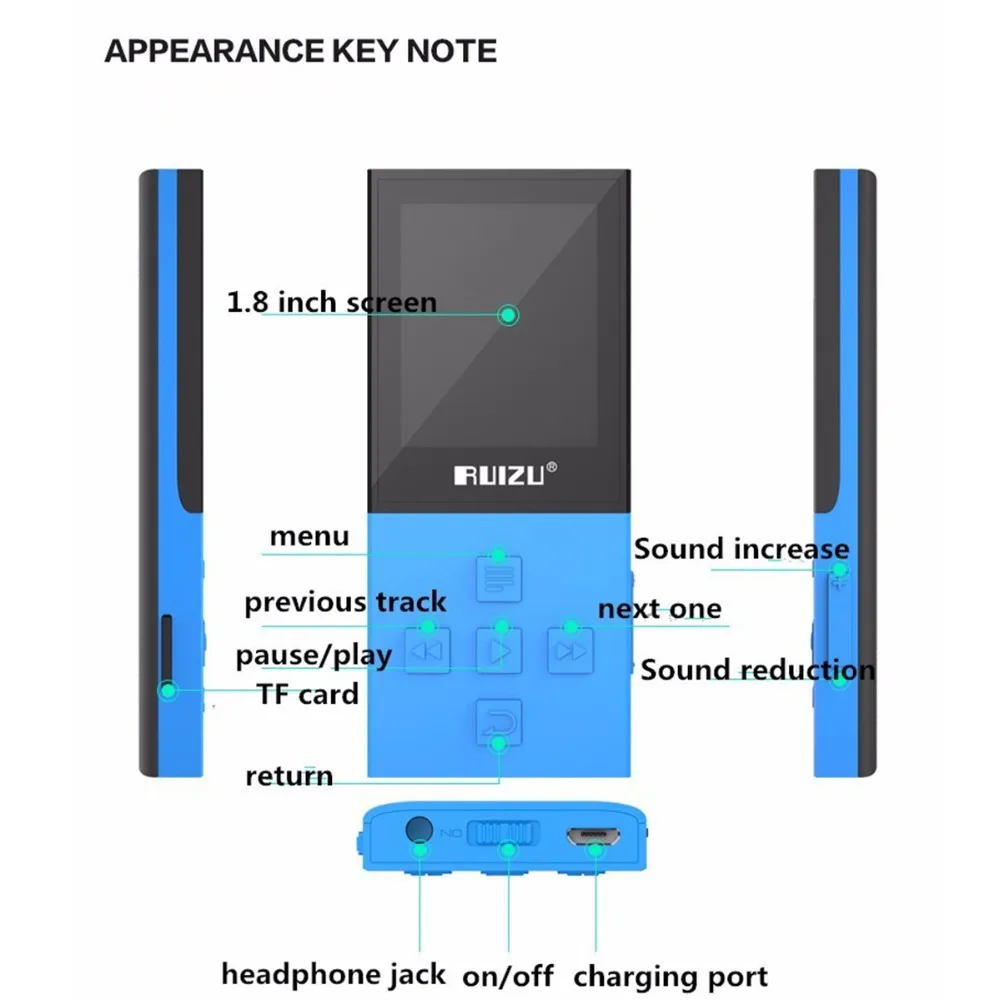 RUIZU X18 8G Bluetooth Sport MP3 Player Lossless Recorder FM Radio 4.0 Music Support 64G TF Card | Электроника