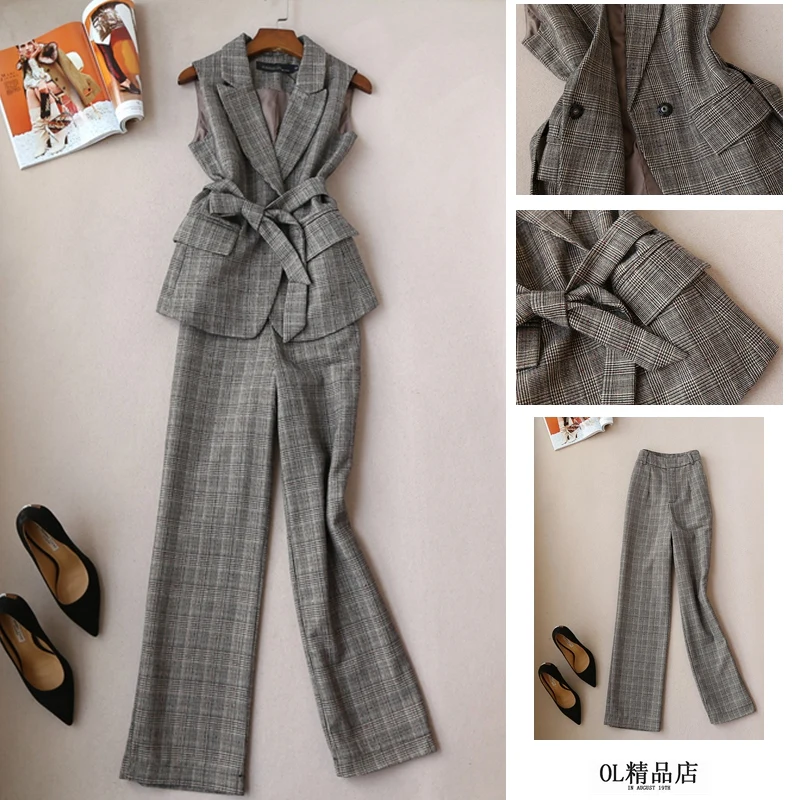 Женский модный костюм на весну и осень без рукавов жилет клетчатые широкие брюки