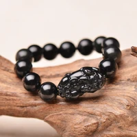 natural black obsidian bracelet round beads bracelet pixiu bracelets bangles gift for grentam mens jewelry