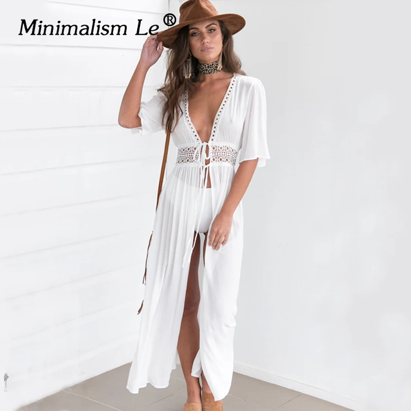 Minimalism Le 2019 Swim Dress New Beach Wear Women Cover Up Summer Bandage Swimsuit Sexy See-Through |