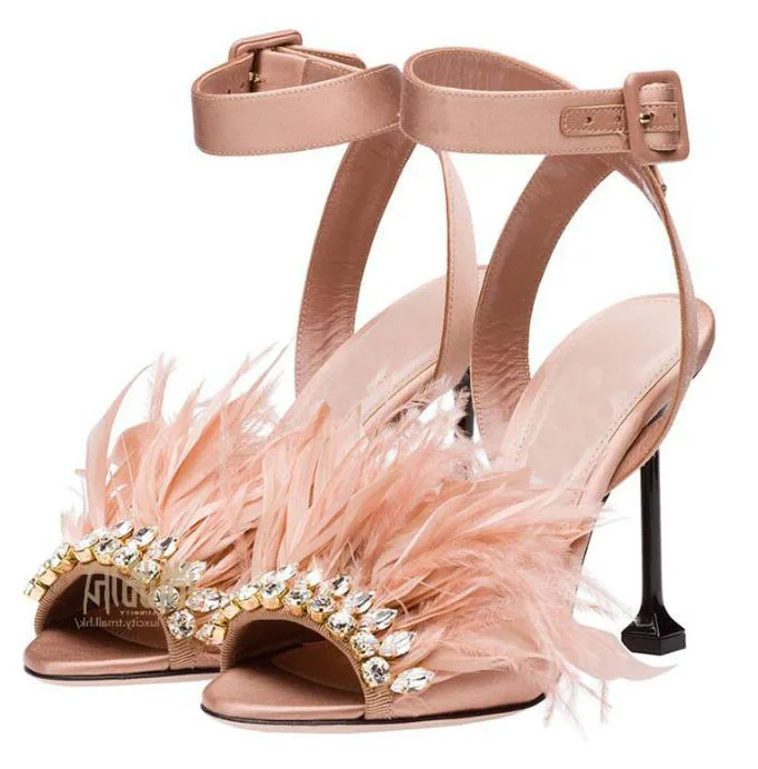 

Moraima Snc High Heel Sandals Summer Open Toe Crystal Embellished Thin Heels Shoes Woman Peep Toe Feather Ankle Strap Heels