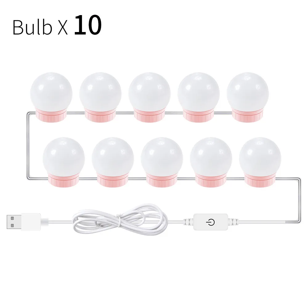 10 Bulbs Pink Светодиодный светильник с зеркалом для макияжа, USB, 12 В, светодиодный светильник для туалетного столика Голливуда, бесступенчатая лампа с регулируемой яркостью, 2, 6, 10, 14 лампочек, светодиодный настенный светильник - Цвет абажура: 10 Bulbs Pink