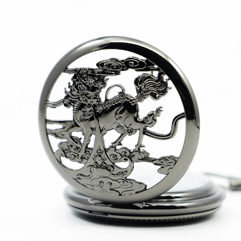 Black Beast Kylin Skull Handmade Mechanical Pocket Watch Vintage Pendant Necklace Bracelet Steampunk Clock Gift