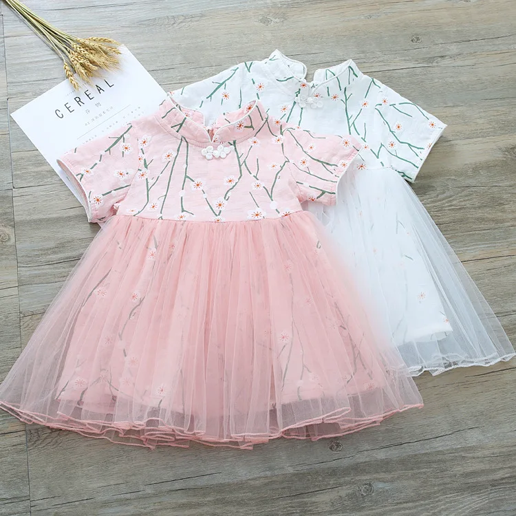 

Girls Floral Princess Chinese Style Dress 2020 New Summer Baby Girl Clothes Children Cotton Voile Clothing Kids Button Dresses
