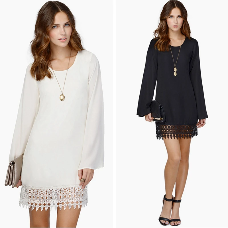 

Women's Chiffon Dress Long Sleeve Lace Casual Black White Mini Dress Summer Clothes Loose Vestidos