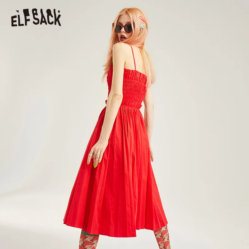 ELF SACK/Винтажные красные плиссированные платья сексуальные с открытыми плечами на