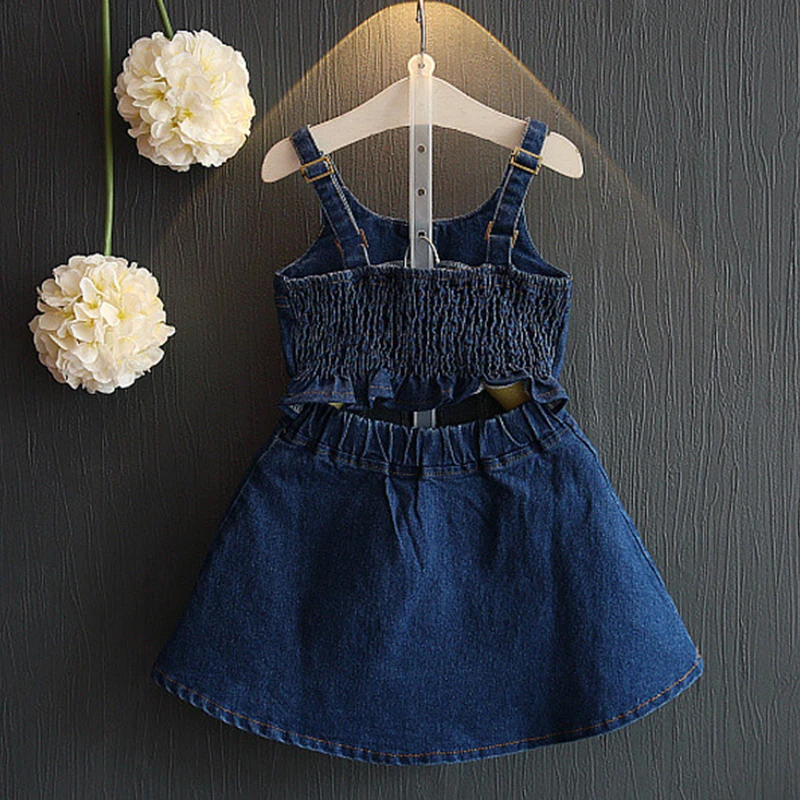 Children suspenders baby girls korean fashion Hawaii style backless denim blue spaghetti strap dress party cowboy a-line | Детская