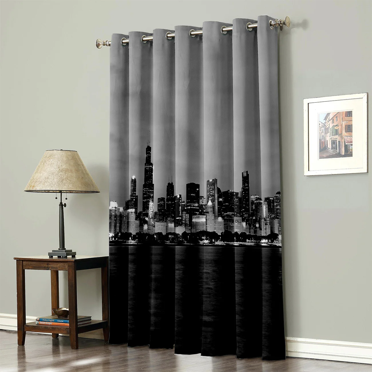 COCOHouse Chicago Nightscape Architecture Window Treatments Curtains Valance Dark Blinds Living Room | Дом и сад