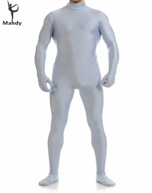 Мужской костюм зентай из черного лайкры и спандекса облегающий на молнии с