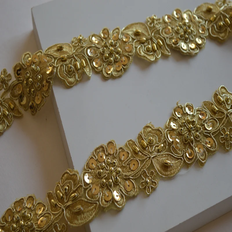 

1 Yard Delicate Wedding Dress Beaded Lace Applique Gold Thread Embroidery Lace Accessories Trim gold16122404
