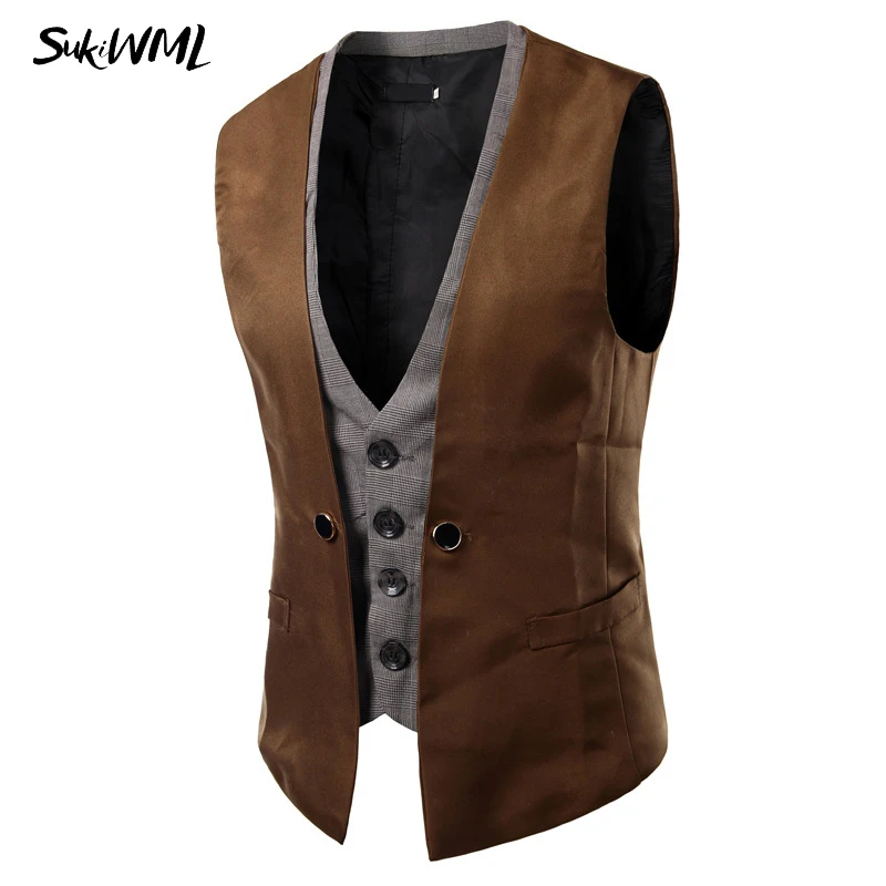 Coffee SUKIWML, новинка, мужской жилет, Свадебный, приталенный, Faker, две части, Colete Social Masculino, мужской двойной жилет, вечерние, жилет, костюм для мужчин - Цвет: Coffee