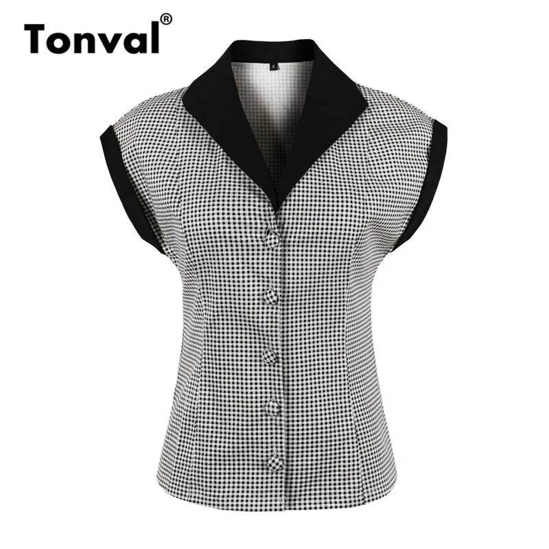 Tonval, короткий рукав, Ретро стиль, клетчатая рубашка, блузка для женщин,, лето, для офиса, леди, топы, с отложным воротником, хлопковые блузки
