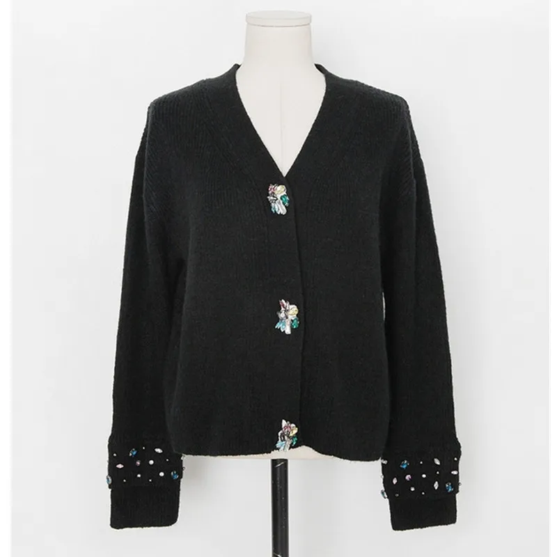 High Quality Diamond-studded V-Neck Ladies Cardigan Autumn Winter Knitted Sweater Women Short Cropped Tops |