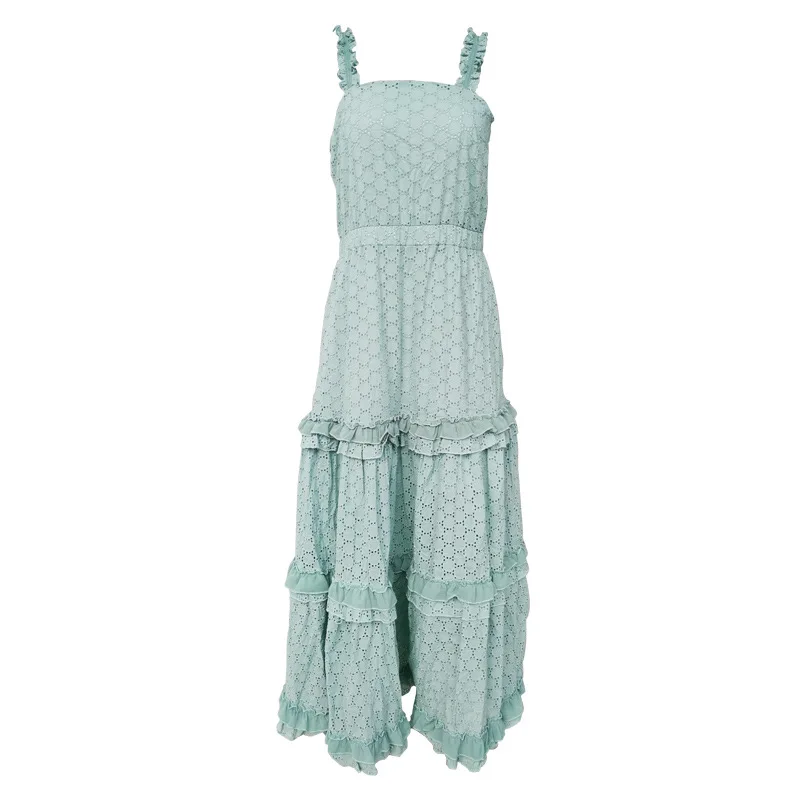 Летнее праздничное платье в стиле Boho-Chic летнее женское сексуальное кружевное плиссированное платье на тонких бретельках длинное Хлопковое платье