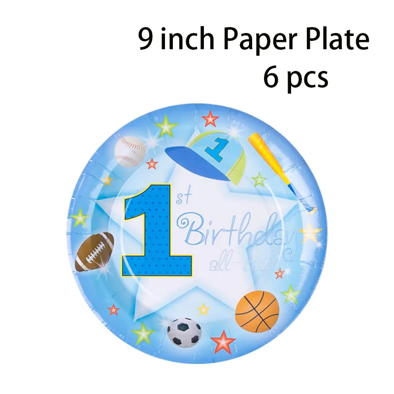 9 inch plate 6 Pcs 1-я Спортивная Тема дети с днем рождения украшения для мальчика Одноразовый бумажный стаканчик, тарелка салфетки скатерть для душа - Цвет: 9 inch plate 6 Pcs