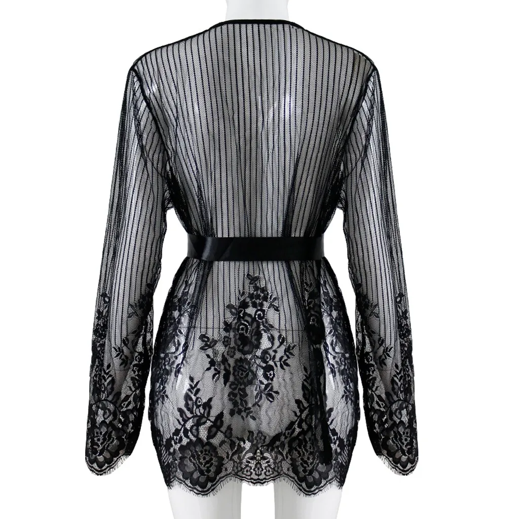 

Fashion Women Transparent Robes Sexy Lingerie V-neck Lace Underwear Striped Mesh Robe With Belt Gown Babydoll Sleepwear